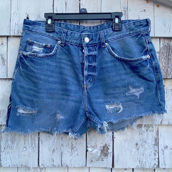 Boyfriend Distressed Button Fly Blue Denim - Picture 1 of 4